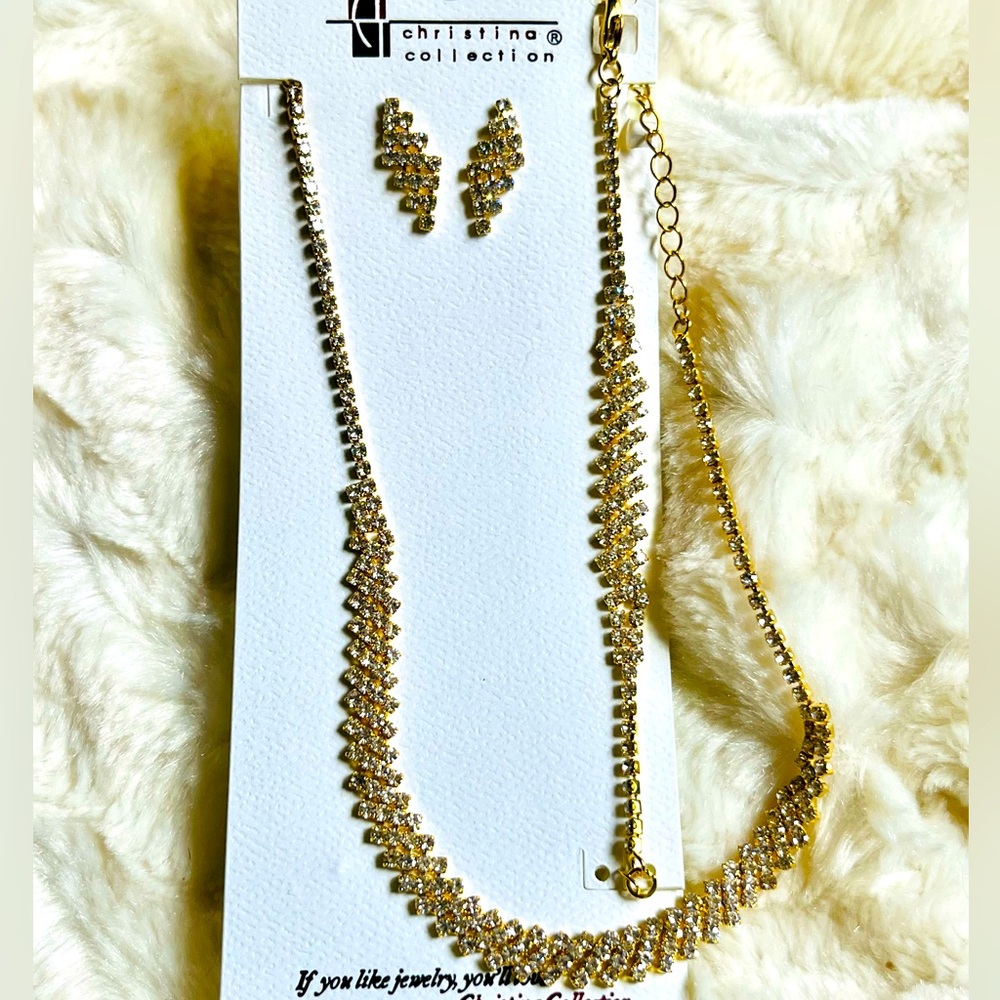 Christina Collection Gold tone rhinestone necklace set NEW